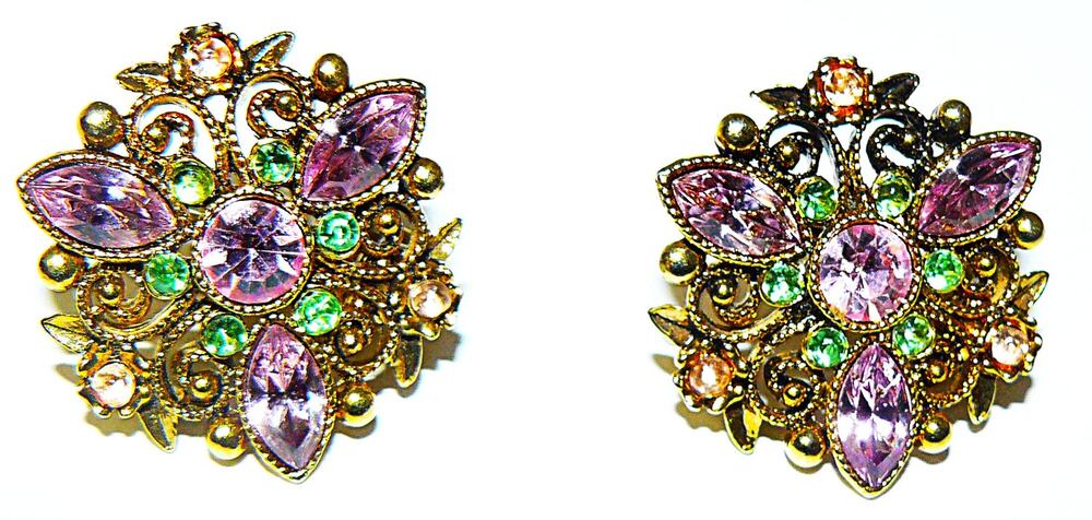 Vintage Avon Gold-Tone ClipOn Earrings Purple Green Rhinestones Floral Design